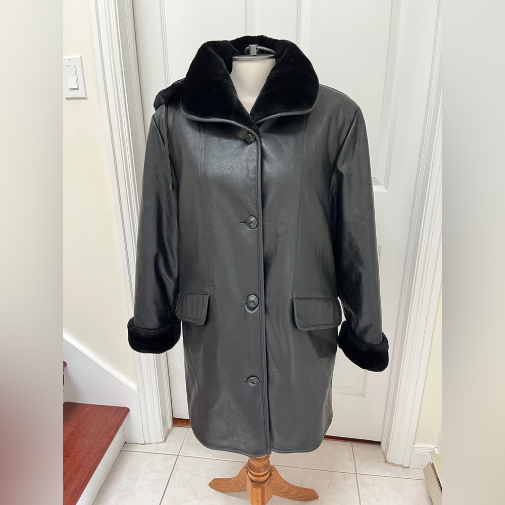 TanJay Black Faux Leather Jacket /Coat with Fur Trim and lining.